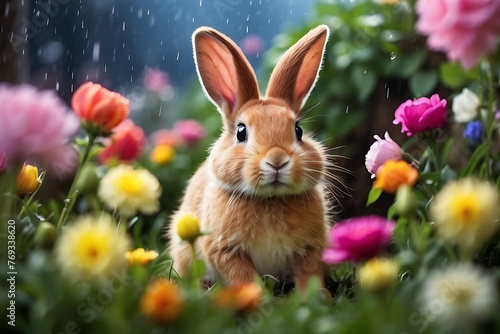 Cute Easter bunny sitting in the garden with tulips and rain