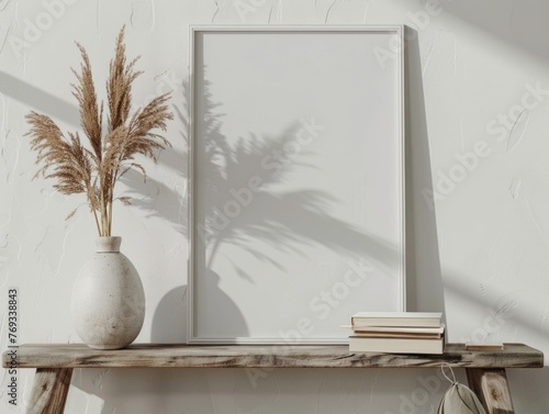 A white framed picture sits on a wooden table next to a vase of dried grass