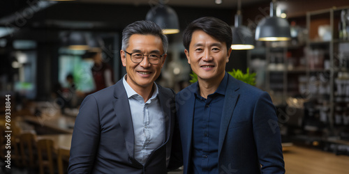 Portrait of two asian businessman. Employees in suits standing in modern office. Smiling male office workers looking at camera in workplace meeting area.