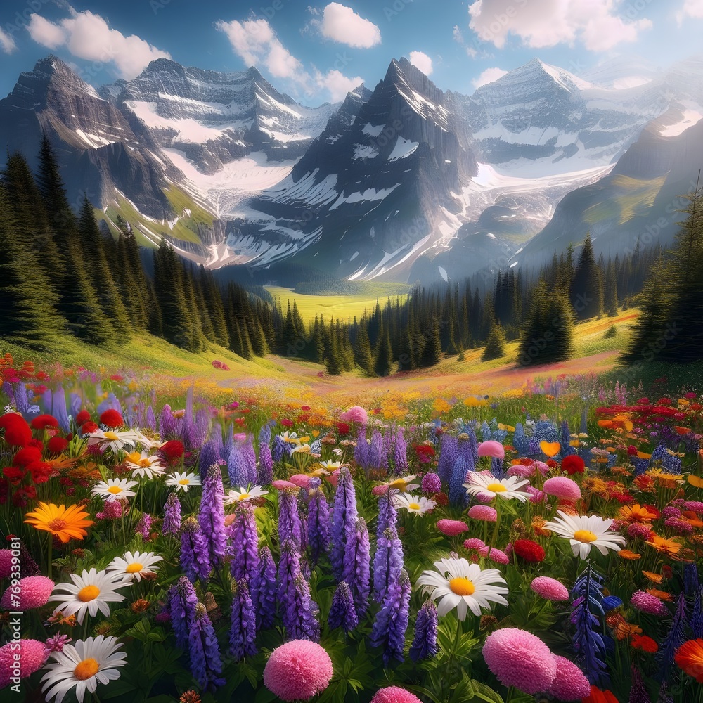 landscape with flowers and mountains