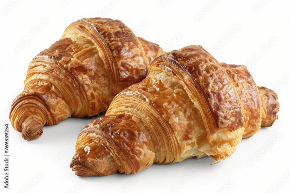 Two croissants are sitting on a white background