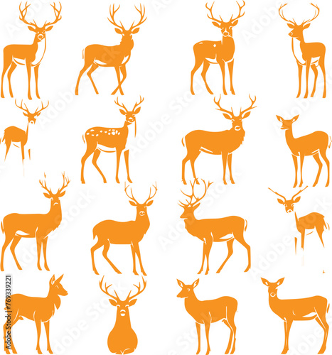 Set of Deer's black silhouettes on white background