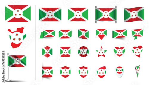 set of Burundi flag, flat Icon set vector illustration. collection of national symbols on various objects and state signs. flag button, waving, 3d rendering symbols