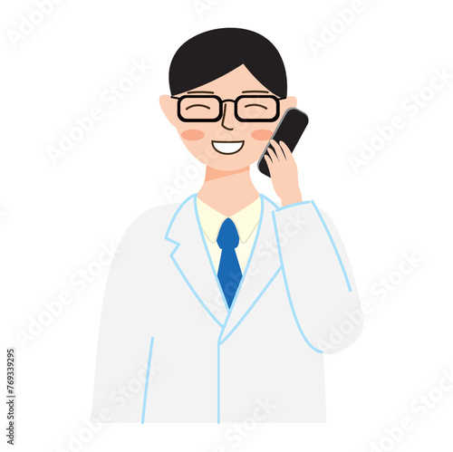 スマホで話す白衣を着た男性