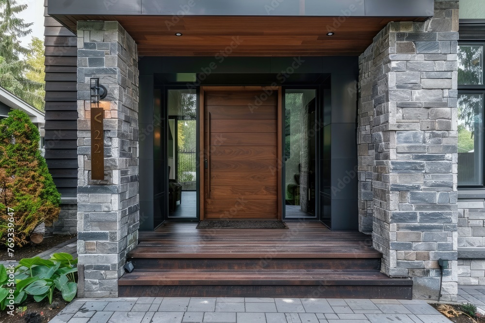 Fototapeta premium Modern entrance door with wood effect, Wall covering. Generative AI