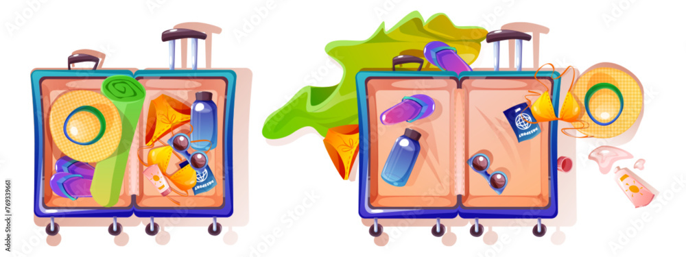 Naklejka premium Open summer vacation suitcase top view isolated on white background. Vector cartoon illustration of baggage packed in order and mess, bikini swimsuit, straw hat, passport, sunscreen, beach sandals