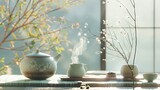 Create a serene Japanese minimalist promotional look inspired by the work of Masao Yamamoto. The main object is a beautifully decorated herbal tea set, from which fragrant steam gently rises. 