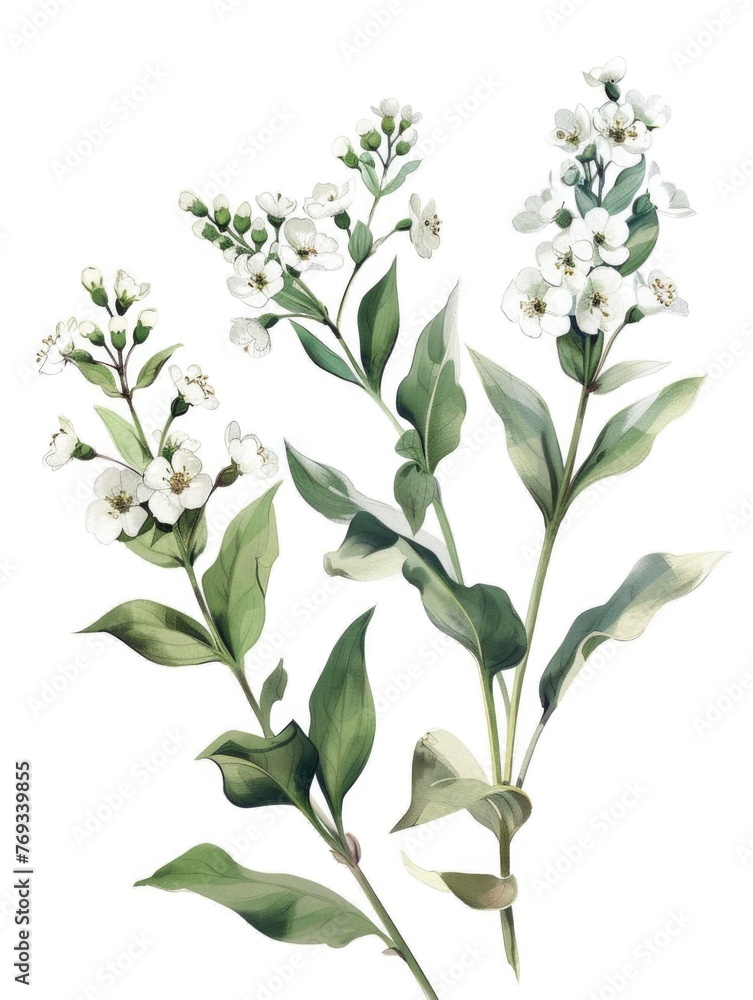 A drawing of a bunch of white flowers with green leaves