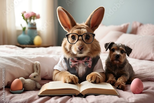 Cute dog wearing glasses and reading book on bed at home. Adorable pet
