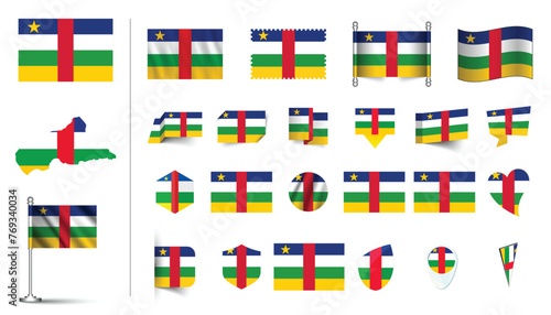 Free Download set of Central African Republic flag, flat Icon set vector illustration. collection of national symbols on various objects and state signs. flag button, waving, 3d rendering symbols - GFXLoad