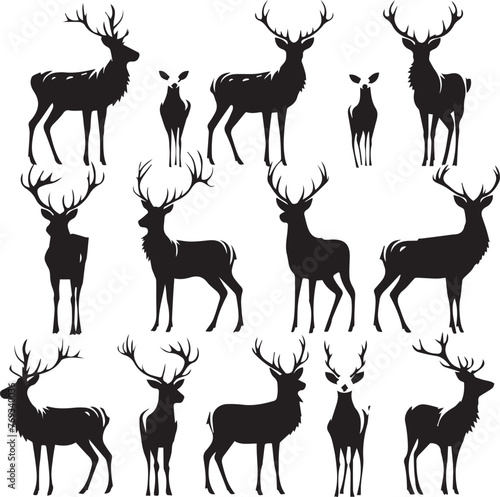 Set of Deer's black silhouettes on white background