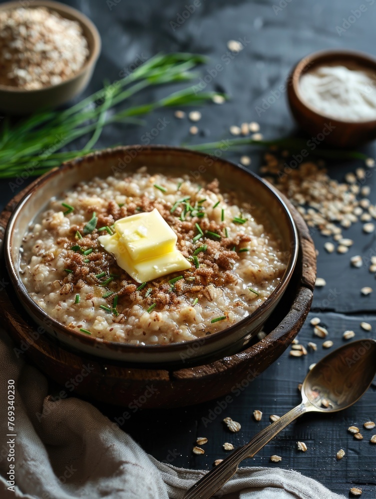 A bowl of oatmeal with butter and parsley on top A bowl of oatmeal with butter and parsley on top