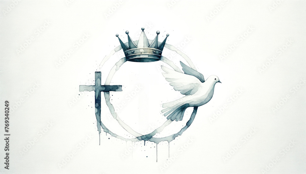 Obraz premium Holy Trinity symbols. Cross, crown and dove of Holy Spirit. Watercolor christian symbols against white background. Vector illustration.
