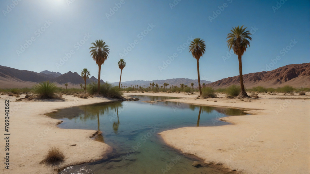 A solo traveler exploring a remote desert oasis, with palm trees and cool, clear water contrasting against the arid landscape
