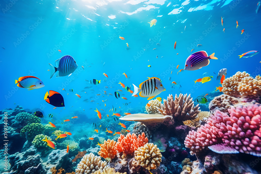 Fototapeta premium Vibrant marine life teems around a colorful coral reef under the dappled sunlight of the ocean’s surface