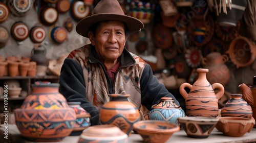 Peruvian Artisan Showcasing Vibrant Handcrafted Pottery in Andean Village Marketplace