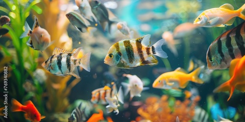 A colorful fish tank with a variety of fish swimming around