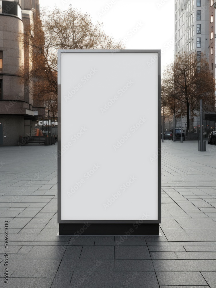 A large white sign is standing in front of a building A large white sign is standing in front of a building