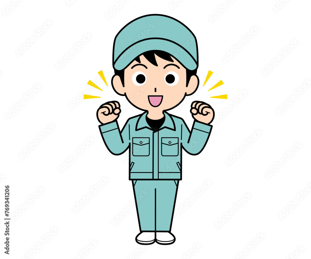 ガッツポーズする作業員の男性