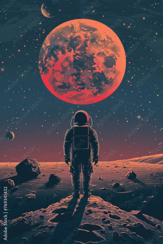 Obraz premium A man in a spacesuit stands on a rocky surface looking up at a large red planet