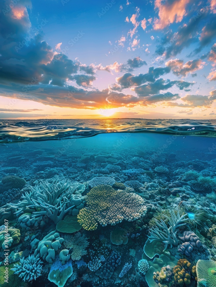 Fototapeta premium A beautiful blue ocean with a sunset in the background