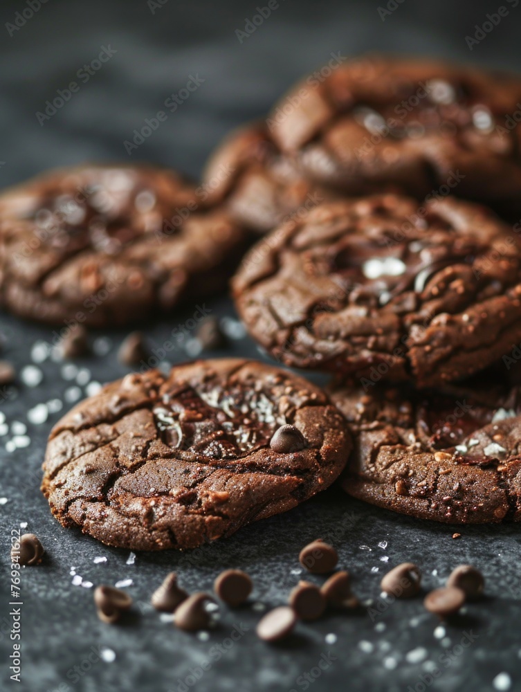 A stack of chocolate cookies with salt and pepper on top A stack of chocolate cookies with salt and pepper on top
