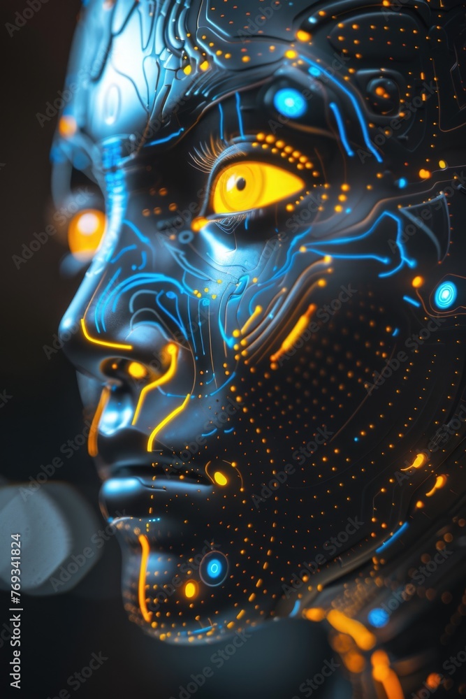 A woman's face is shown in a black and orange color scheme A woman's face is shown in a black and orange color scheme