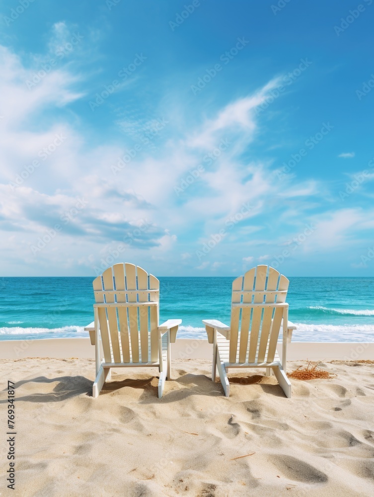Two white beach chairs are facing the ocean