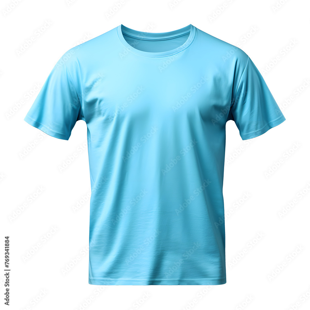 Plain light blue color mockup on white and transparent background Crow neck t-shirt for your design, front view. Generative AI.