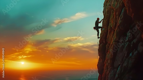 Intrepid Ascent Into the Fiery Sunset Skyline A Rock Climber s Triumphant Silhouette Against the Vibrant Horizon