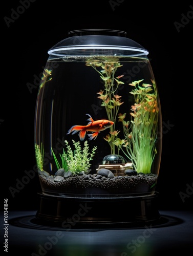 A fish tank with a goldfish swimming in it