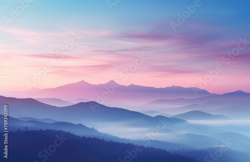 Blue mountains landscape abstract background. Morning wood panorama  pine trees and mountains silhouettes.