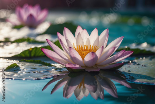 white and purple waterlily lotus flower with summer spring reflection close-up macro in nature, rays of sunlight against turquoise sky reflect on beautiful pond, copy space, panoramic view.