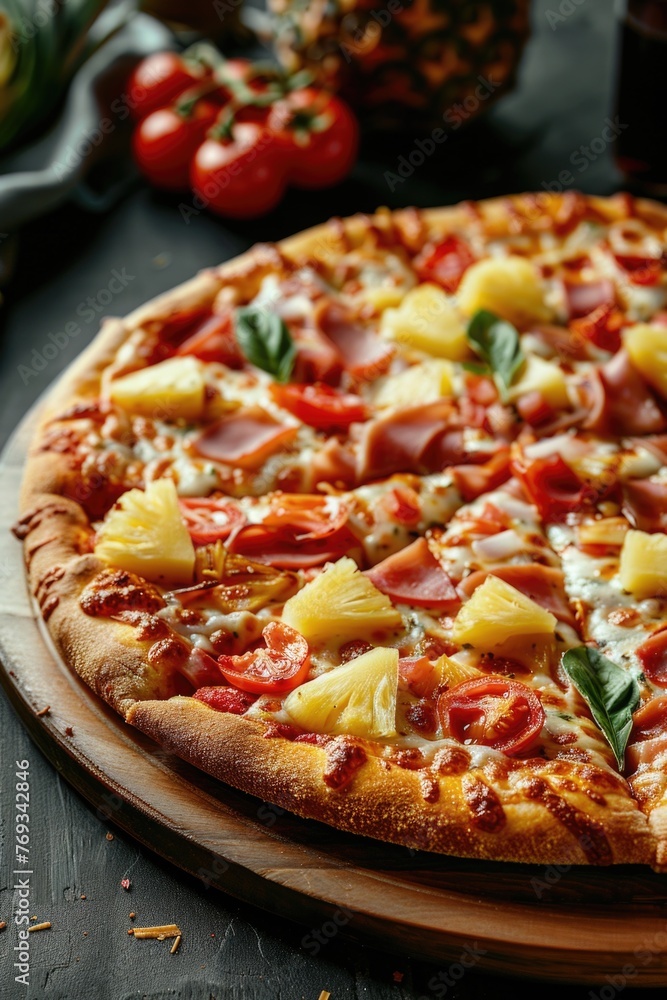 A pizza with pineapple and ham toppings sits on a wooden board