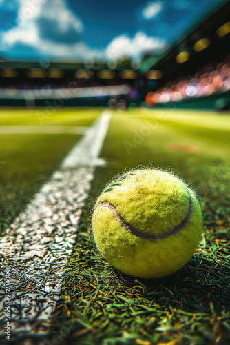 A tennis ball is sitting on the grass next to a white line © vefimov