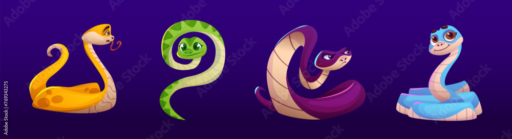 Cute and funny cartoon snake character vector. Happy python, cobra and viper reptile with long tail isolated set. Crawling tropical zoo animal baby kid image design. Wild zoology mascot collection - obrazy, fototapety, plakaty 