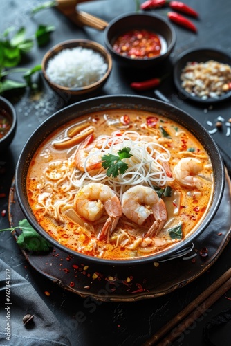A bowl of shrimp soup with noodles and spices