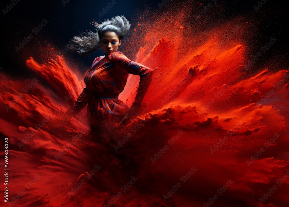 Actress with red theater light, red smoke, red effect created with theatrical lighting equipment and a smoke machine. Generative AI.