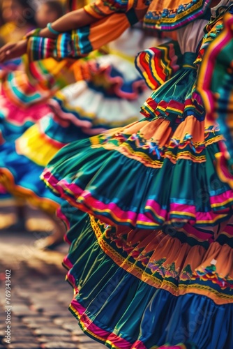 A woman in a colorful skirt is dancing
