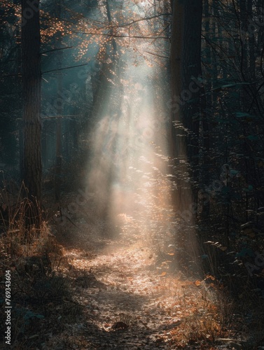 A forest path is illuminated by the sun, casting a warm glow on the trees
