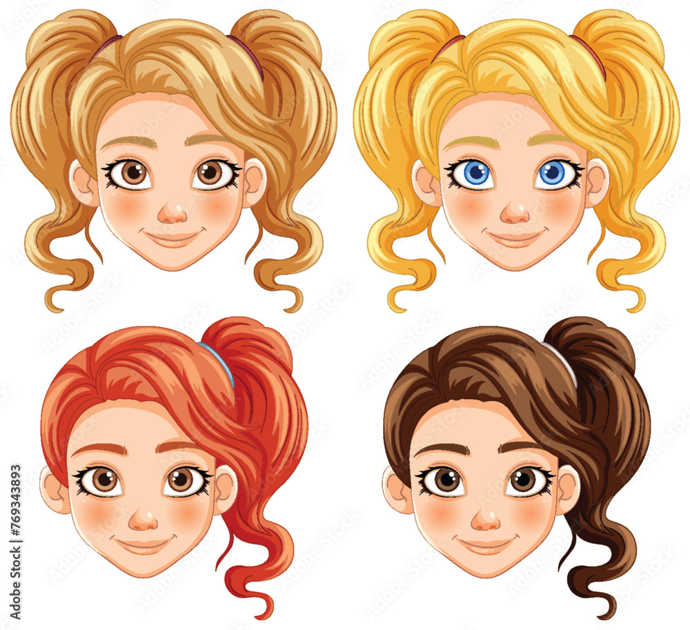 Four cartoon female faces with different hairstyles. Four cartoon female faces with different hairstyles.