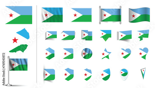 set of Djibouti flag, flat Icon set vector illustration. collection of national symbols on various objects and state signs. flag button, waving, 3d rendering symbols Free Download set of Djibouti flag, flat Icon set vector illustration. collection of national symbols on various objects and state signs. flag button, waving, 3d rendering symbols - GFXLoad
