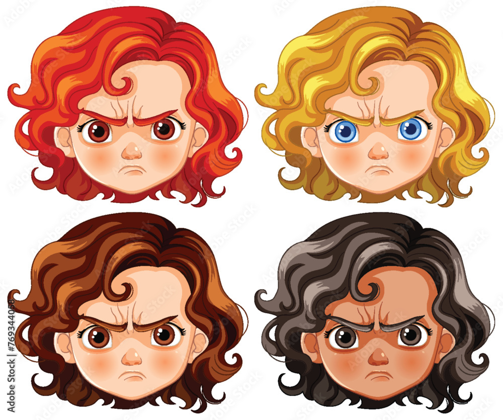 Four cartoon faces with various angry expressions Four cartoon faces with various angry expressions