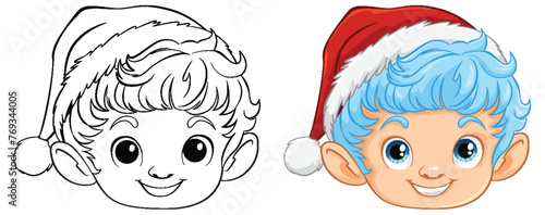Colorful and line art elf faces with festive hats.