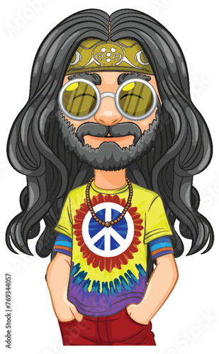 Colorful hippie with peace sign shirt and sunglasses.
