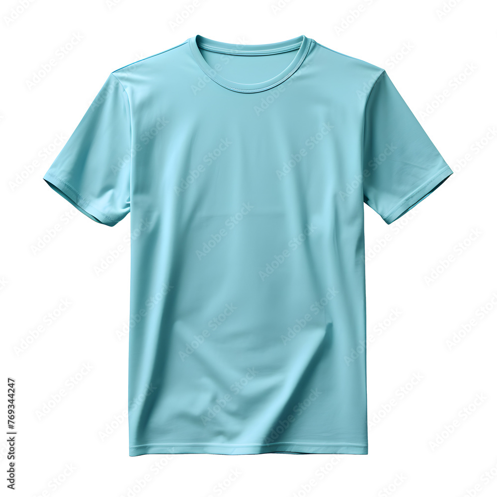 Plain light blue color mockup on white and transparent background Crow neck t-shirt for your design, front view. Generative AI. Plain light blue color mockup on white and transparent background Crow neck t-shirt for your design, front view. Generative AI.