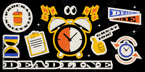 Trendy funny stickers on the topic of work, deadline and procrastination. Retro vector illustration on black dark background