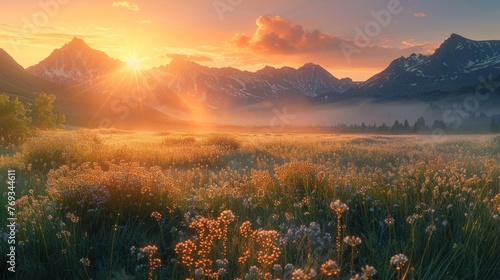 Sunrise Over Flowering Meadow and Mountain Range A breathtaking sunrise casting golden light over a blooming meadow with a majestic mountain range in the background.
