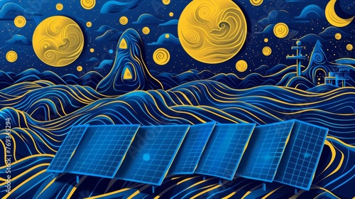 A group of solar panels are arranged in the shape of a famous art piece such as the Mona Lisa or Starry Night adding a touch of creativity . . photo