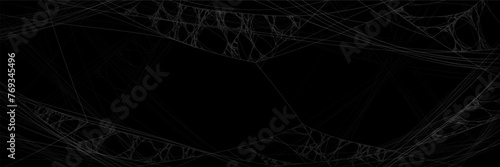 Halloween spider web spooky texture background. Scary black realistic spiderweb pattern with line art. Stretched arachnid hanging decoration on wall. Helloween goth horizontal banner illustration photo